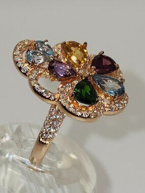 .925 Sterling Silver/Rose Gold Amethyst/Garnet/Citrine/Topaz/Diopside Ring Sz 8